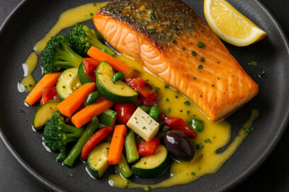 Somon Cu Legume Sote Și Sos De Lamâie